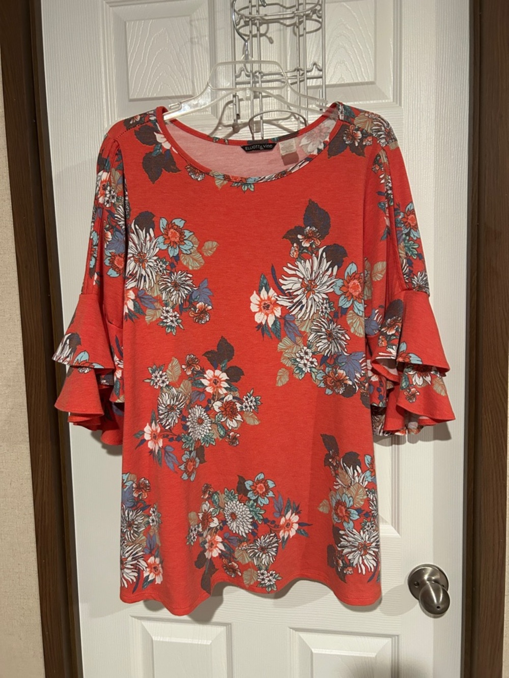 Coral Floral Ruffle Sleeve Women’s Top Elliott & vine 1x
